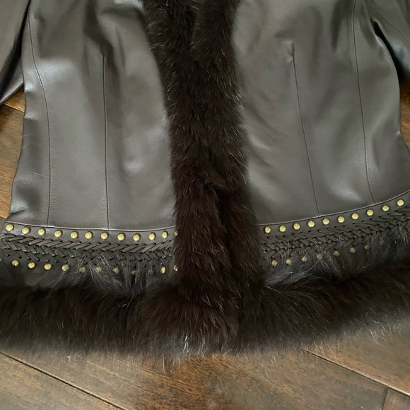 Lafayette 148 New York Brown Leather Jacket with Cropped Fit Fur Trim 100% Fox - Picture 11 of 13